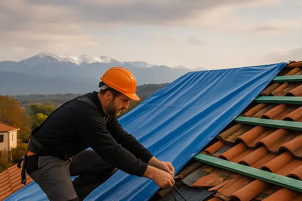 photo générée illustant la Pose d'une bâche de protection sur toiture après tempête