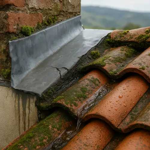 État avant étanchéité: fissures, traces d'humidité et mousse autour du solin