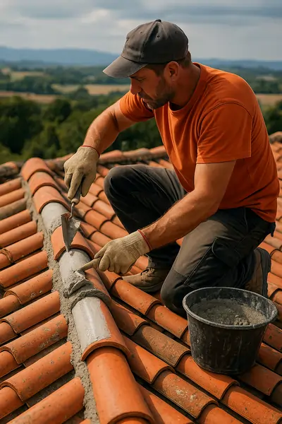 Réfection de faîtage traditionnel avec pose de mortier fibré et alignement des tuiles faîtières
